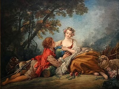 Scène pastorale (école de François Boucher) illustrant l'enregistrement « Boismortier des villes et des champs »